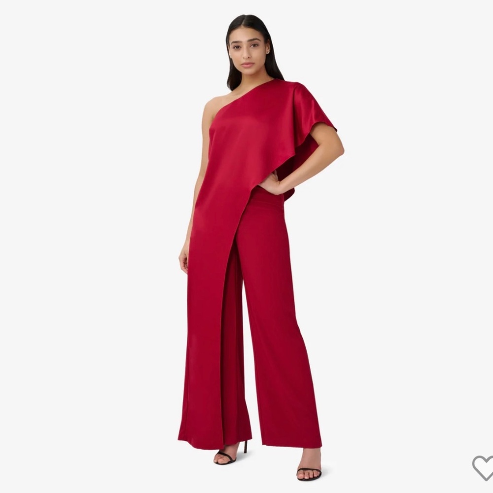 Adrianna Papell Satin Crepe One-Shoulder Jumpsuit in Matador Red (NEVER WORN!)